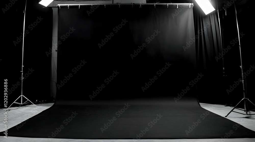 Obraz premium Empty Photo Studio with Black Backdrop, Lights, and Stands Set up for a Photoshoot