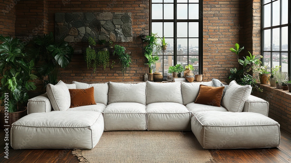 Fototapeta premium Cozy modern living room featuring a spacious sectional sofa with decorative pillows, surrounded by greenery and natural light