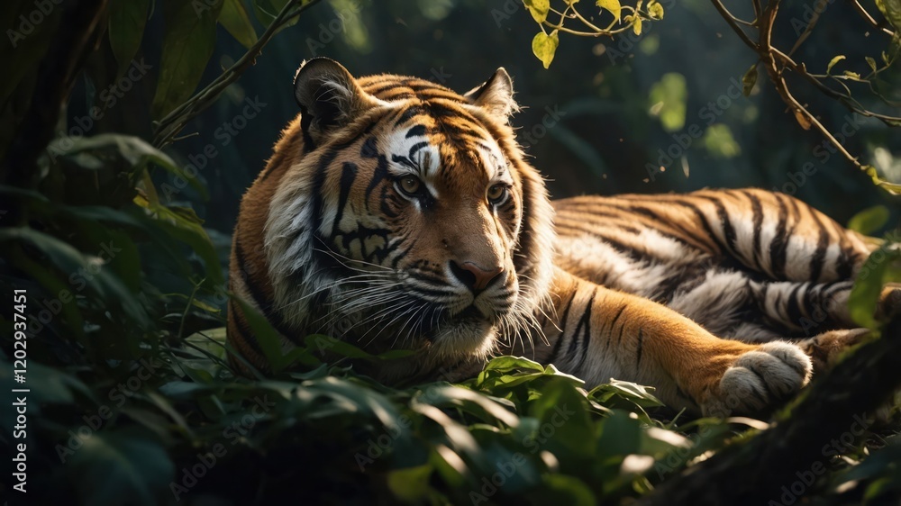 A majestic tiger resting amidst lush greenery in a serene jungle setting. A majestic tiger resting amidst lush greenery in a serene jungle setting.