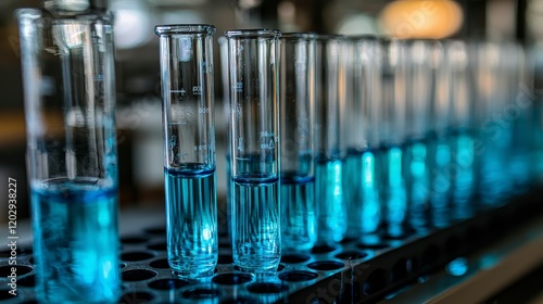 A biotechnology lab with multi-colored glowing liquids in test tubes, symbolizing the advanced research being conducted in gene therapy to develop targeted treatments for genetic conditions. photo