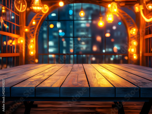 Empty Wooden Table Top with...