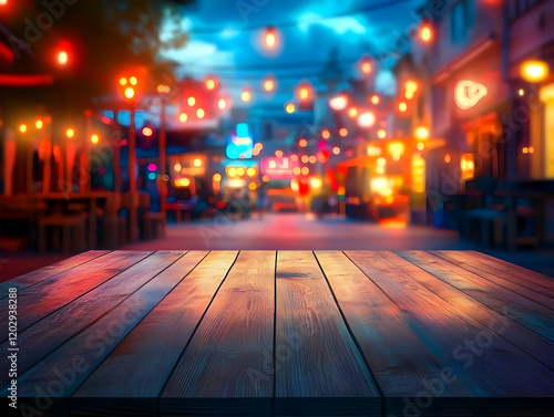 Empty Wooden Table Top with...