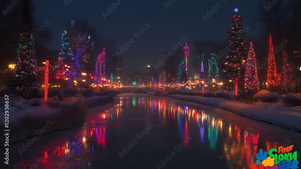 Obraz premium Festive Christmas Lights Illuminate Snowy Winter Canal
