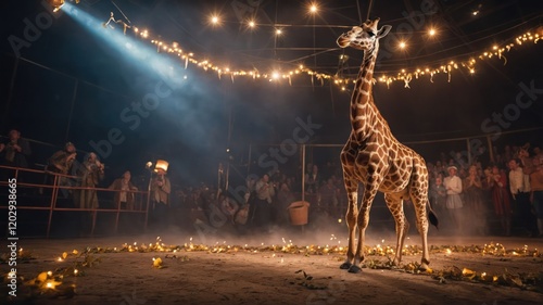 Fototapeta Naklejka Na Ścianę i Meble -  A giraffe stands in a spotlight within a circus setting, surrounded by an audience.