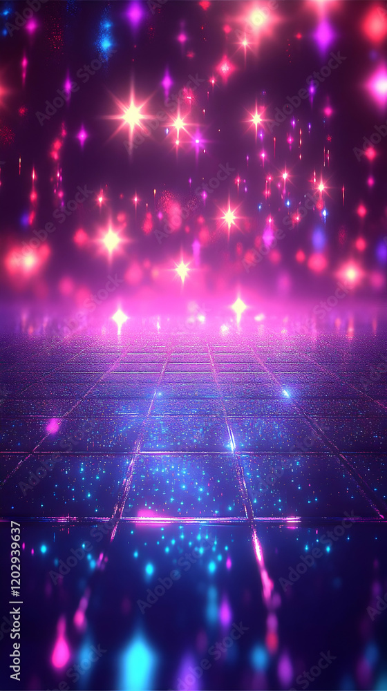Glowing Neon Lights Illuminate a Reflective Gridded Surface in an Abstract Background. Glowing Neon Lights Illuminate a Reflective Gridded Surface in an Abstract Background.