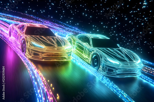 Neon Wireframe Cars Race on...