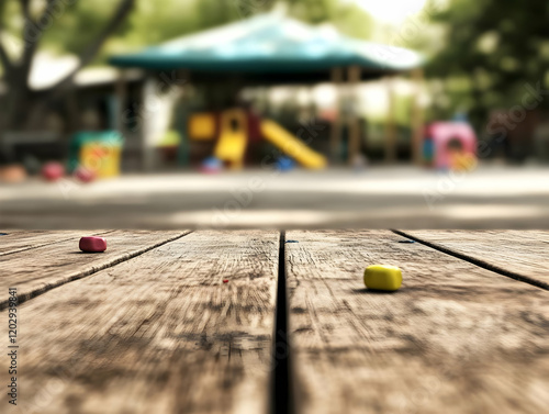 Empty Wooden Table with Blu...