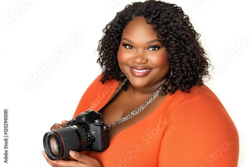 A smiling woman holds a camera, showcasing her passion for photography.