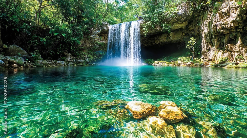 A serene waterfall cascades into a crystal-clear pool surrounded by lush green foliage, creating a tranquil natural oasis. A serene waterfall cascades into a crystal-clear pool surrounded by lush green foliage, creating a tranquil natural oasis.