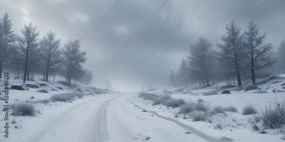 Blue winter morning with falling snowflakes gently touching down on the snowy ground under a soft gray sky, winter morning, white snow, soft gray sky Blue winter morning with falling snowflakes gently touching down on the snowy ground under a soft gray sky, winter morning, white snow, soft gray sky