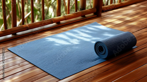 Blue Yoga Mat Lies Rolled U...