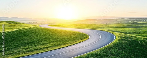 A winding road through lush green fields under a bright sun, symbolizing freedom and adventure in nature's beauty.