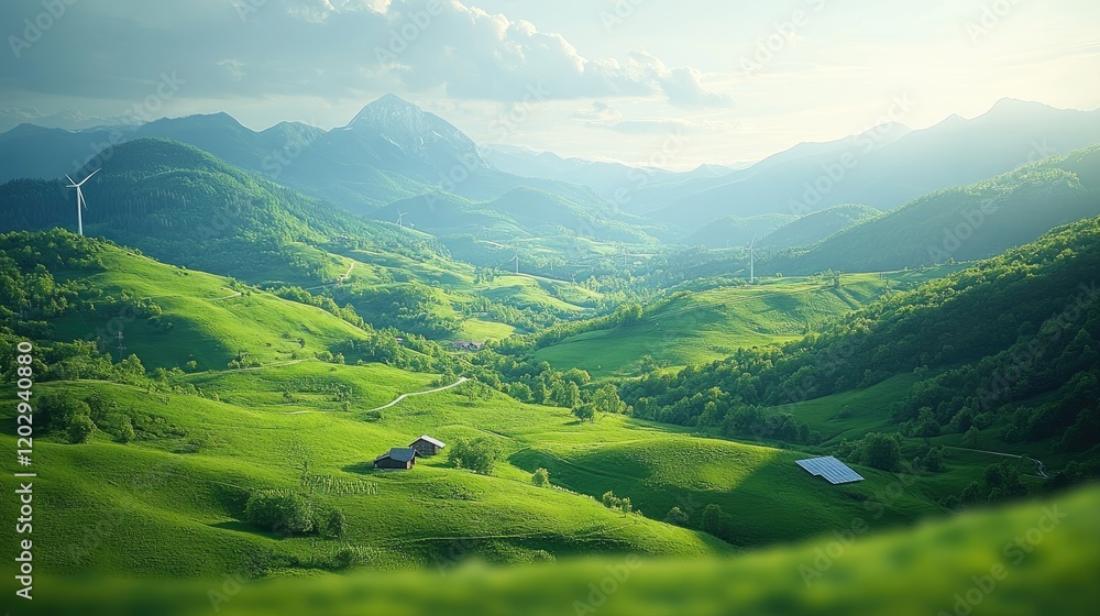 Fototapeta premium Lush green hills and valleys under a soft sky, showcasing nature's beauty and tranquility.