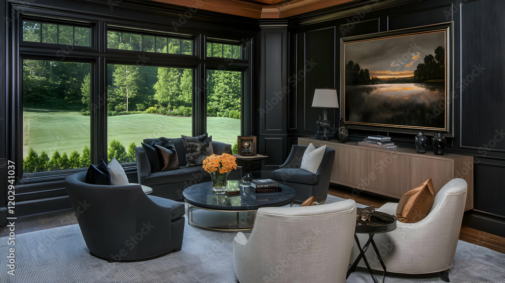 Fototapeta premium Elegant Living Room Interior Design Showcases Modern Furniture with Landscape Painting and Scenic View