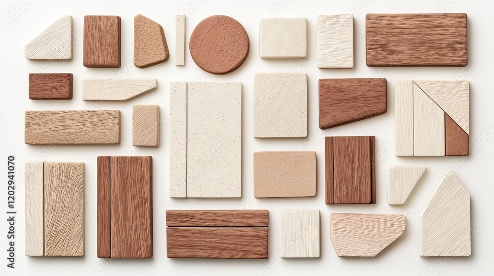 Fototapeta premium A collection of various wooden shapes and textures, showcasing a blend of natural tones and designs for creative use.