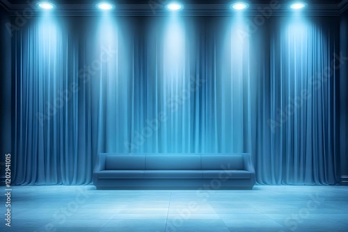 Blue curtains with sofa ill...