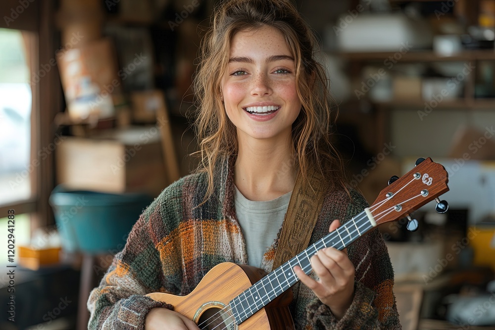 Fototapeta premium A young woman smiles while playing a ukulele in a cozy, cluttered workshop.