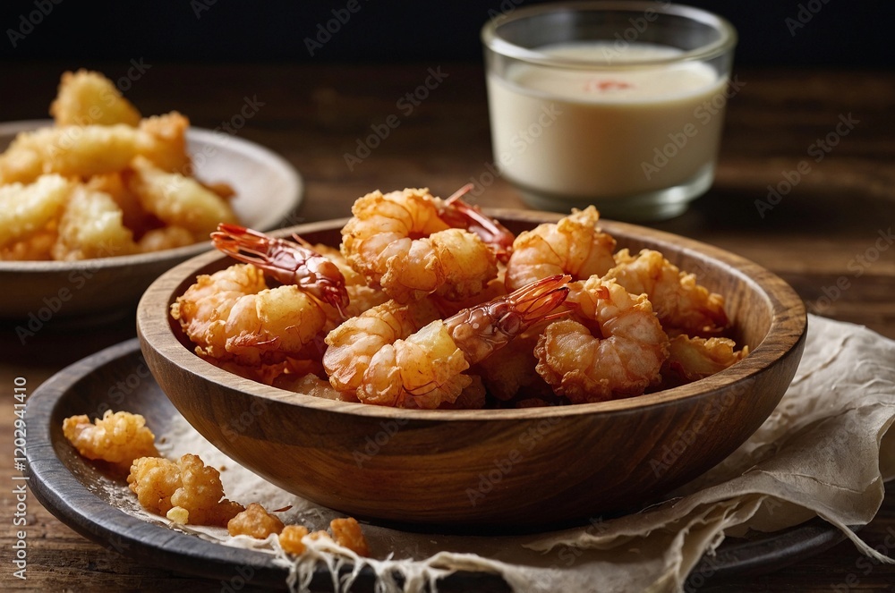 Crispy Fried Shrimps in Wooden Bowl with Creamy Sauce Crispy Fried Shrimps in Wooden Bowl with Creamy Sauce