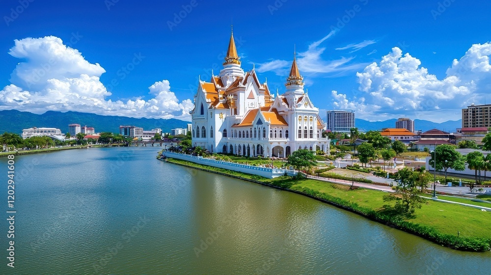 Fototapeta premium Magnificent Architecture of Thai Temple Surrounded by Water and Sky