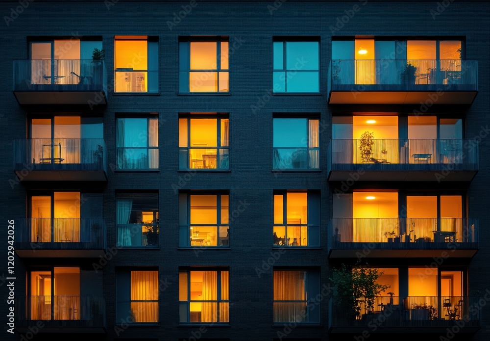 Illuminated Urban Apartment Building at Dusk Showcasing Warm Tones and Cozy Interiors with Balanced Windows and Modern Architecture Illuminated Urban Apartment Building at Dusk Showcasing Warm Tones and Cozy Interiors with Balanced Windows and Modern Architecture