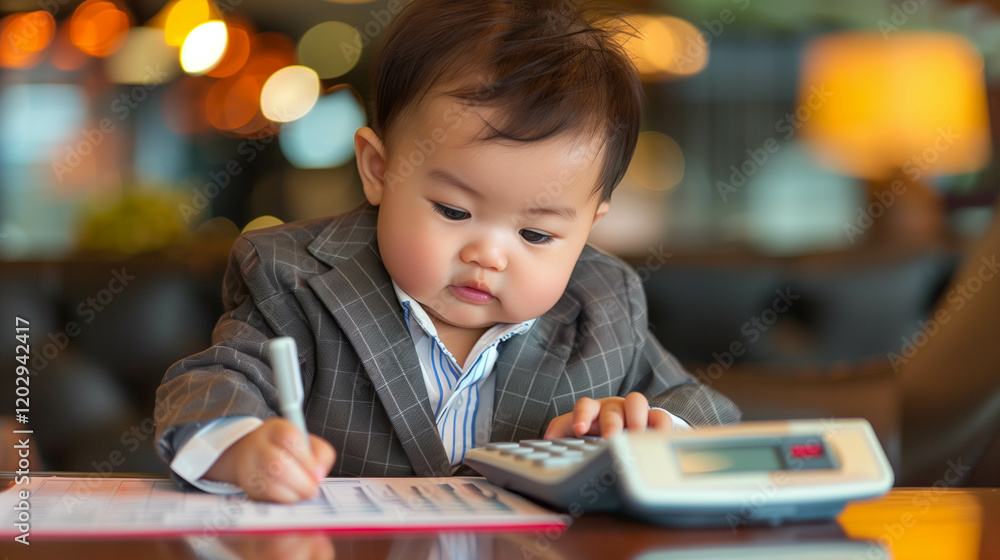 Young child in suit working with a calculator and documents in an office setting Young child in suit working with a calculator and documents in an office setting