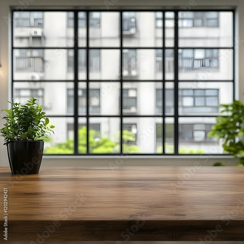 Empty Wooden Table Top with...