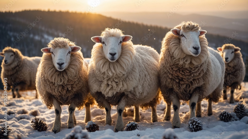 Fototapeta premium A group of sheep standing in a snowy landscape at sunset.