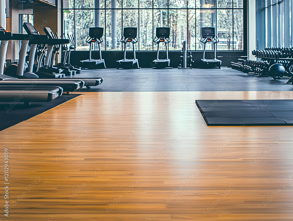 Obraz premium Empty Gym Interior Shows Treadmills, Weights, and Wooden Floor with Natural Light