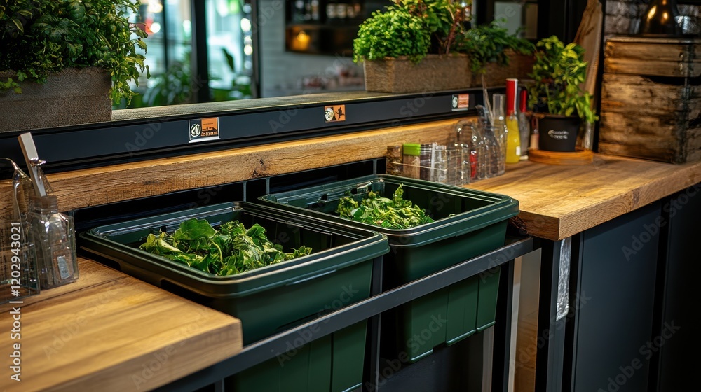 Freshly harvested greens in green bins on a wooden counter in a lively urban caf? setting Freshly harvested greens in green bins on a wooden counter in a lively urban caf? setting
