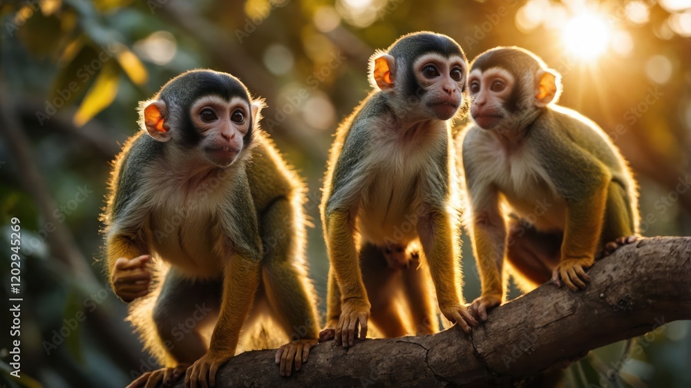 Three monkeys perched on a branch, illuminated by sunlight in a natural setting. Three monkeys perched on a branch, illuminated by sunlight in a natural setting.