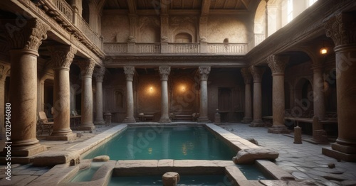 Ancient Roman bathhouse with intricate stonework and carvings, stone walls, marble floor