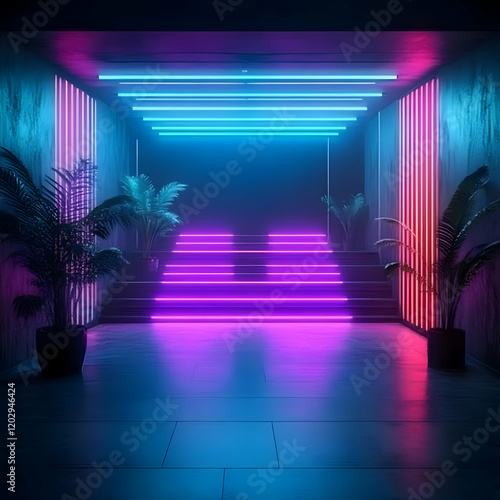 Neon-Lit Staircase in a Mod...