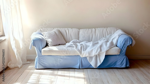 Blue Sofa with White Blanke...