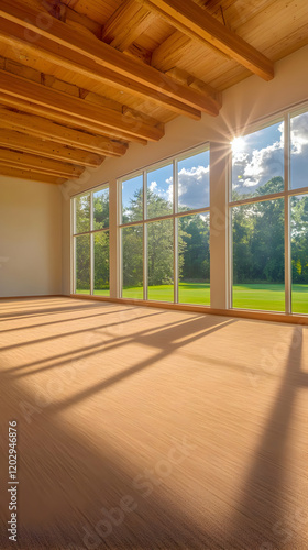 Sunlit Room with Wood Beams...