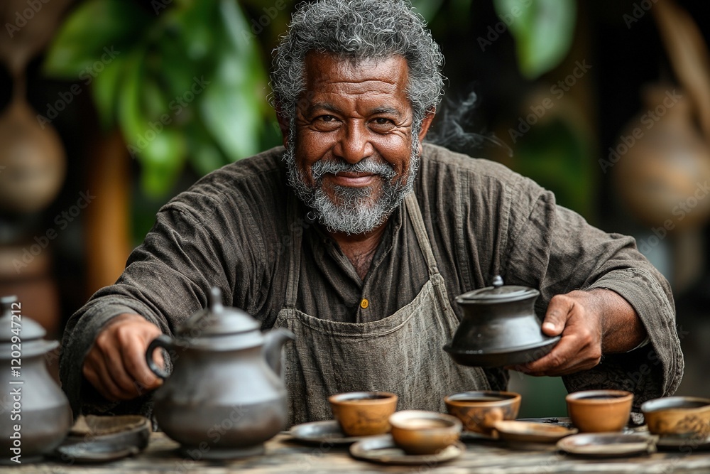 A smiling man serves tea from a teapot, surrounded by cups and a lush, green environment. A smiling man serves tea from a teapot, surrounded by cups and a lush, green environment.