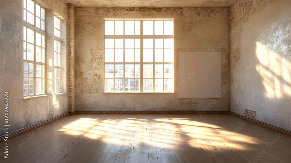 Empty Room with Large Windows Illuminates the Wooden Floor in Natural Sunlight Creates a Peaceful Atmosphere. Empty Room with Large Windows Illuminates the Wooden Floor in Natural Sunlight Creates a Peaceful Atmosphere.