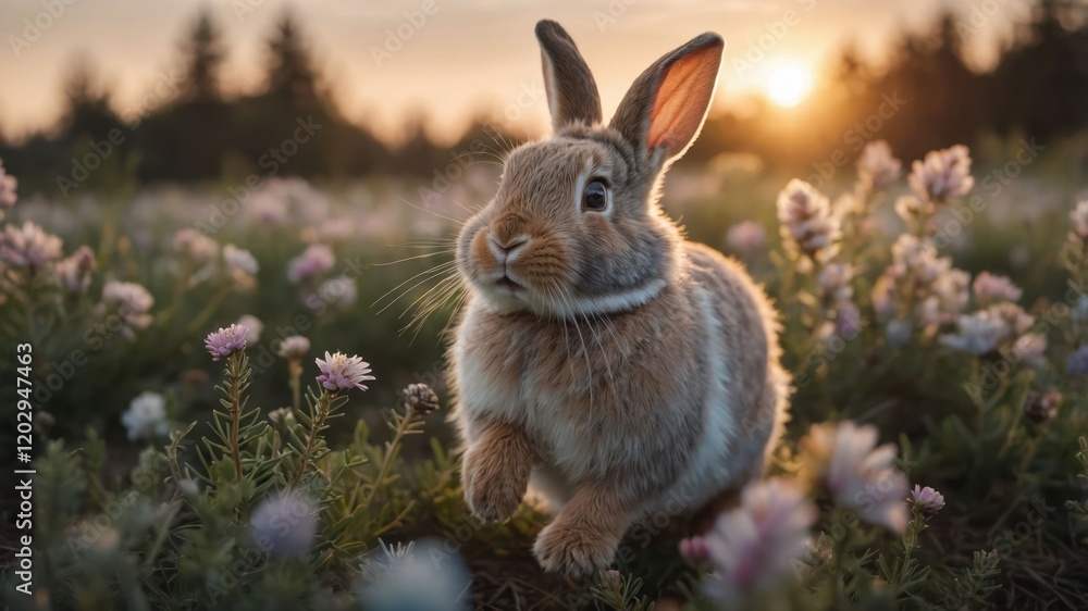 Fototapeta premium A rabbit frolics in a flower-filled field during sunset, capturing a serene moment in nature.