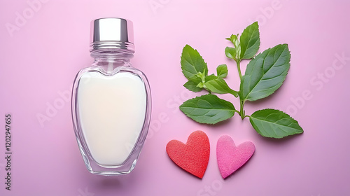 Perfume bottle, green leave...