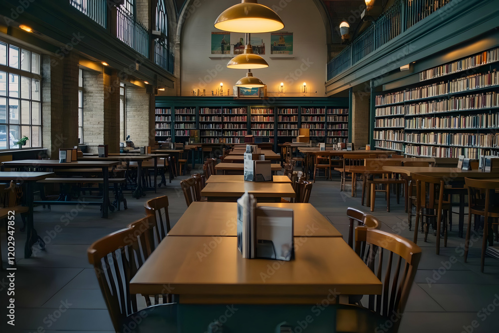 Obraz premium Empty library cafe tables and chairs invitingly arranged amidst bookshelves and soft lighting.