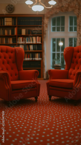 Two Red Armchairs Sit in a ...