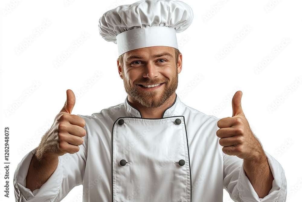 A smiling chef in a white uniform gives a thumbs-up, conveying positivity and enthusiasm. A smiling chef in a white uniform gives a thumbs-up, conveying positivity and enthusiasm.