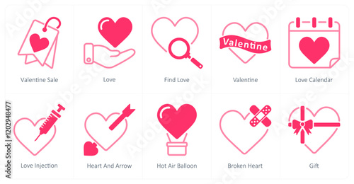 A set of 10 Valentine's Day icons as valentine sale, love, find love