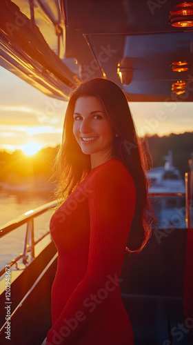 Woman in Red Dress Smiles o...