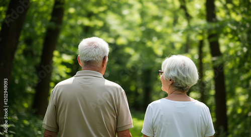 シニア夫婦の後ろ姿の写真。公園の背景｜Photo of a senior couple's back view. Park background