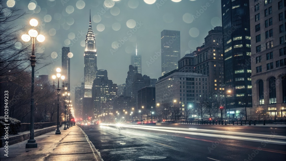 Naklejka premium Cityscape with motion-blurred streetlights and a beautiful abstract white and gray bokeh effect, streetlights, motion blur, cityscape