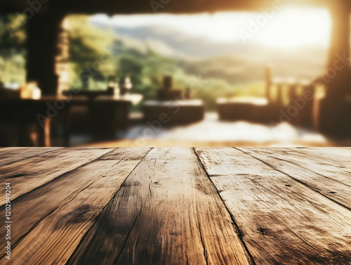 Empty Wooden Table Top with...