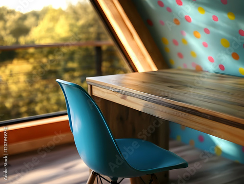 Blue Chair Next to Wooden D...
