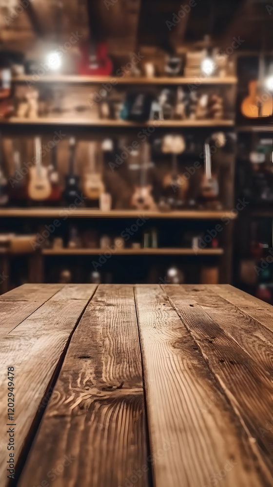 Empty Wooden Table Presents a Blurred Music Store Background Gracefully. Empty Wooden Table Presents a Blurred Music Store Background Gracefully.