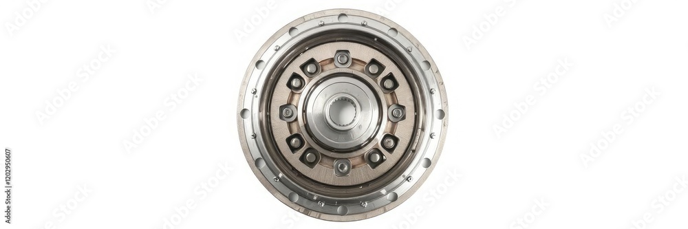 Obraz premium Centrifugal clutch with silver metallic components on white background, design, tool