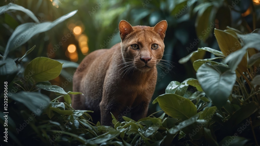 Obraz premium A close-up of a brown cat in lush greenery, showcasing its alert expression.